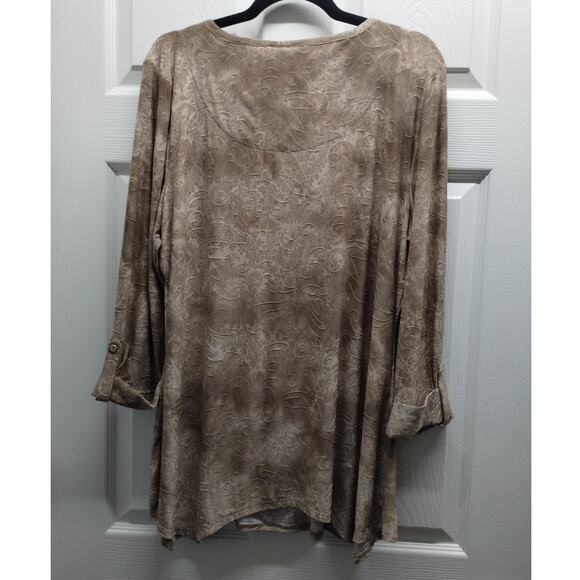 New Directions Women's Size XL Brown Embroidered Popover Roll Tab Sleeves Top - Picture 2 of 7